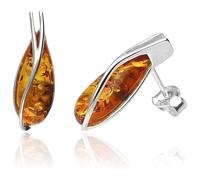 Small Teardrop Cut Baltic Cognac Orange Amber Sterling Silver Drop Stud Earrings for Women Ladies Girls - Modern Contemporary Ear Studs - Amber Jewellery for Women. 080128C