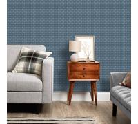 Small Textured Tile Effect Wallpaper in Blue 50