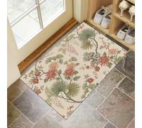 Small Thin Door Mats Indoor 80X120Cm, Traditional Chinese Flower Bird Non Slip Front Door Mat Inside, Zen-Inspired Rural Plants Low Profile Inside Doormat, Easy To Clean Floor Mat For Entryway, Beige