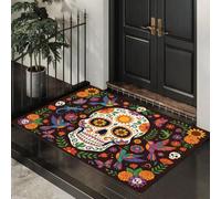 Small Thin Door Mats Indoor 80X120Cm, Traditional Mexican Sugar Skull Non Slip Front Door Mat Inside, Day Of The Dead Low Profile Inside Doormat, Easy To Clean Floor Mat For Entryway, Orange-Green