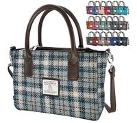 Small Tote Bag - Genuine Harris Tweed wool outer made in Scotland - Mini Laptop & Travel Handbag - Scottish Tartan for Women - Mother’s Day Gift for women ( Duck Egg and Cream Check )
