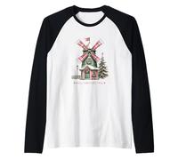 Small Town Christmas Rustic Windmill Scene Raglan Baseball Tee