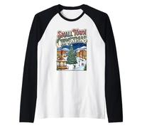 Small Town Christmas Winter Village Snowy Tree Gazebo Street Raglan Baseball Tee
