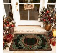 Small Town Christmas Wreath Plaid Welcome Door Mat 29x17 Inch | Tartan Plaid Pattern, Front Door Mat, Pine Branches, Holly Berries, Seasonal Entryway Decor, Winter Home Accents