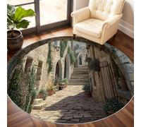 Small Town Rug, Greece Round Rug 60cm, Mediterranean Cities Circle Rugs, Washable Circle Carpet for Living Room Dining Room Bedroom Hallway Under the Bed