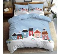 Small Town Single Bedding Set Snow Scene 3 Piecse Duvet Cover Sets Ultra Soft Microfiber Reversible Luxury Quilt Cover 135x200 and 2xPillow Cases Bedding Sets with Zipper Closure T1521