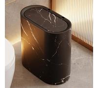 Small Trash Can With Lid, Bathroom Trash Can, Space-Saving Trashbin With Lid, Marble Wood Pattern Waste Transhbin, Narrow Wastebasket For Bedroom, Bathroom, Kitchen, Office, White With Gold Trim