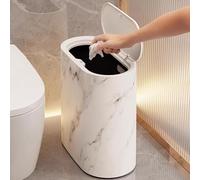 Small Trash can with lid,Slim Decorative Waste bin, Marble Wood Pattern Trashs cans, Decorative Bathroom Garbage cans, Desktop Trashs bin Waste Basket for Laundry Kitchen Narrow Wastebasket (White)