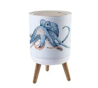 Small Trash Can with Lid Watercolor Hand Drawn of Octopus in Blue Color Isolated on White Garbage Bin Wood Waste Bin Press Cover Round Wastebasket for Bathroom Bedroom Office Kitchen