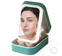 Small Travel LED Makeup Mirror Case with 3 Adjustable Color Light Settings, Dust-Proof Jewelry Box, Mini Cosmetic Train Case Ideal for Short Trips, Green B, Cosmetic Bag With Led Mirror