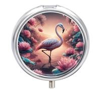 Small Travel Pill Case, Round Metal Pill Box for Pocket Purse, 3 Compartment Portable Pill Holder, Fantasy Pink Lotus Pill Organizer for Travel Or Daily - Beautiful Flamingos Standing in The Water