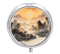Small Travel Pill Case, Round Metal Pill Box for Pocket Purse, 3 Compartment Portable Pill Holder, Pill Organizer for Travel Or Daily - Ancient Chinese Architecture & Mountain Landscape Ink Painting