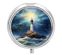 Small Travel Pill Case, Round Metal Pill Box for Pocket Purse, 3 Compartment Portable Pill Holder, Pill Organizer for Travel Or Daily - Light House on A Island Near The Sea Shore on A Moonlit Night