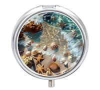 Small Travel Pill Case, Round Metal Pill Box for Pocket Purse, 3 Compartment Portable Pill Holder, Sun Shines on The Sea Mini Organizer for Travel Or Daily - Starfish & Seashells on The Summer Beach