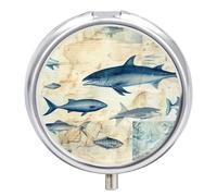 Small Travel Pill Case, Round Metal Pill Box for Pocket Purse, 3 Compartment Portable Pill Holder w/Mirror, Mini Pill Organizer for Travel Or Daily - Different Types of Fish on A Vintage Background