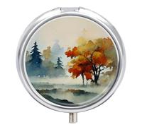 Small Travel Pill Case, Round Metal Pill Box for Pocket Purse, 3 Compartment Portable Pill Holder w/Mirror, Mini Pill Organizer for Travel Or Daily - Fall Season Forest & Maples Watercolor Painting