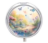 Small Travel Pill Case, Round Metal Pill Box for Pocket Purse, 3 Compartment Portable Pill Holder w/Mirror, Pill Organizer for Travel Or Daily - Various Flowers and Butterflies in The Summer Yard