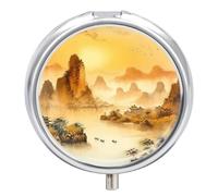 Small Travel Pill Case, Round Metal Pill Box for Pocket Purse, 3 Compartment Portable Pill Holder w/Mirror, Mini Pill Organizer for Travel Or Daily - Ancient Chinese Mountain Landscape Ink Painting