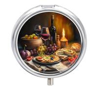Small Travel Pill Case, Round Metal Pill Box for Pocket Purse, 3 Compartment Portable Pill Holder with Mirror, Mini Pill Organizer for Travel Or Daily - Wine, Grape & Bread on Table Foods Painting