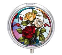 Small Travel Pill Case, Round Metal Pill Box for Pocket Purse, 3 Compartment Portable Pill Holder with Mirror, Mini Pill Organizer for Travel Or Daily - Stained Glass Window Design W/Rose Bouquets
