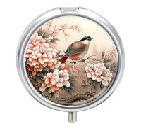 Small Travel Pill Case, Round Metal Pill Box for Pocket Purse, 3 Compartment Portable Pill Holder with Mirror, Mini Pill Organizer for Travel Or Daily - Chinese Bird & Flower Painting