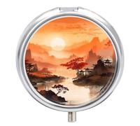 Small Travel Pill Case, Round Metal Pill Box for Pocket Purse, 3 Compartment Portable Pill Holder with Mirror, Mini Pill Organizer for Travel Or Daily - Ancient Chinese Landscape Ink Painting