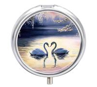 Small Travel Pill Case, Round Metal Pill Box for Pocket Purse, 3 Compartment Portable Pill Holder with Mirror, Mini Pill Organizer for Travel Or Daily - Sunset Couple Swans Lake with Tree Painting