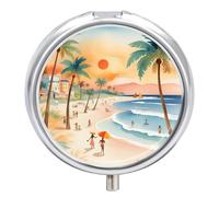 Small Travel Pill Case, Round Metal Pill Box for Pocket Purse, 3 Compartment Portable Pill Holder with Mirror, Summer Landscape Mini Pill Organizer for Travel Or Daily - Beach Scene on A Sunny Day