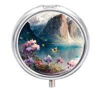 Small Travel Pill Case, Round Metal Pill Box for Pocket Purse, 3 Compartment Portable Pill Holder with Mirror, Mini Pill Organizer for Travel Or Daily - Mountain, Flower & Butterfly Art Oil Painting
