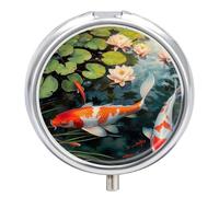Small Travel Pill Case, Round Metal Pill Box for Pocket Purse, 3 Compartment Portable Pill Holder with Mirror, Fishes Mini Pill Organizer for Travel Or Daily - Lucky Fish Koi Painting