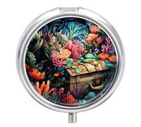 Small Travel Pill Case, Round Metal Pill Box for Pocket Purse, 3 Compartment Portable Pill Holder with Mirror, Mini Pill Organizer for Travel Or Daily - Underwater Wonder Coral Reef Treasure Chest