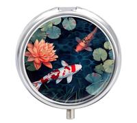 Small Travel Pill Case, Round Metal Pill Box for Pocket Purse, 3 Compartment Portable Pill Holder with Mirror, Fishes Mini Pill Organizer for Travel Or Daily - Koi Fish Art Painting