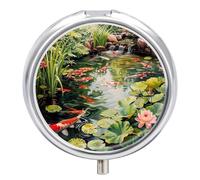 Small Travel Pill Case, Round Metal Pill Box for Pocket Purse, 3 Compartment Portable Pill Holder with Mirror, Fish Mini Pill Organizer for Travel Or Daily - Watercolor Koi Pond Landscape