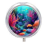 Small Travel Pill Case, Round Metal Pill Box for Pocket Purse, 3 Compartment Portable Pill Holder with Mirror, Underwater Scene Mini Pill Organizer for Travel Or Daily - Colorful Fishes & Coral Reef