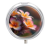 Small Travel Pill Case, Round Metal Pill Box for Pocket Purse, 3 Compartment Portable Pill Holder with Mirror, Mini Pill Organizer for Travel Or Daily - Frangipani Flower Nature Flowers Garden