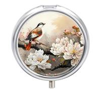 Small Travel Pill Case, Round Metal Pill Box for Pocket Purse, 3 Compartment Portable Pill Holder with Mirror, Mini Pill Organizer for Travel Or Daily - Bird & Peony Chinese Painting