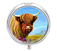 Small Travel Pill Case, Round Metal Pill Box for Pocket Purse, 3 Compartment Portable Pill Holder with Mirror, Mini Pill Organizer for Travel Or Daily - Watercolor Highland Cows Painting