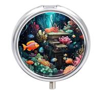 Small Travel Pill Case, Round Metal Pill Box for Pocket Purse, 3 Compartment Portable Pill Holder with Mirror, Mini Pill Organizer for Travel Or Daily - Underwater The Mysterious World