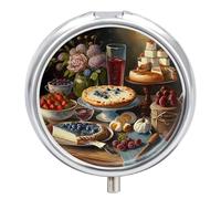 Small Travel Pill Case, Round Metal Pill Box for Pocket Purse, 3 Compartment Portable Pill Holder with Mirror, Mini Pill Organizer for Travel Or Daily - Bread & Beverage Foods Oil Painting