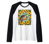 Small Turtle and Black-Eyed Daisy Flowers Raglan Baseball Tee
