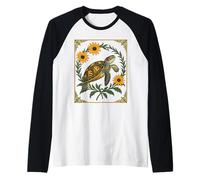 Small Turtle and Black-Eyed Daisy Flowers Raglan Baseball Tee