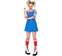 Smiffys Chucky Costume for Adults, Pinafore Mini Dress and Top, Officially Licensed, Off-the-Shoulder Striped Top, Ideal for Halloween and Matching Family or Pet Fancy Dress