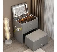 Small Vanity Set - Makeup Table with Charging Station & Speaker Gray Dressing Table with Mirror & Lights 27.5" Makeup Desk & Stool Perfect for Bedroom Decor.