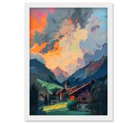 Artery8 Small Village in the Alps Atmospheric Clouds Over Cabins at Dawn Modern Watercolour Painting Artwork Framed Wall Art Print A4