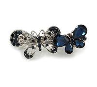 Small Vintage Inspired Midnight Blue Crystal Double Double Butterfly Barrette Hair Clip Grip In Aged Silver Finish - 65mm Across