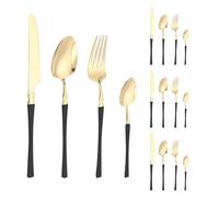 Small Waist Handle Kitchen Stainless Steel Silverware Tableware Flatware Cutlery Set Steak Knife Fork Spoon Teaspoon (Golden Black,16 Pieces)