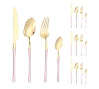 Small Waist Handle Kitchen Stainless Steel Silverware Tableware Flatware Cutlery Set Steak Knife Fork Spoon Teaspoon (Gold Pink,16 Pieces)