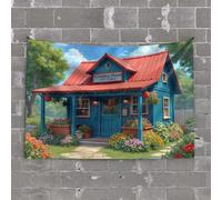 Small Wall Tapestry A Charming Blue Country Store Surrounded by Vibrant Flowers Tapestry Earthy Room Decor Funny Outdoor Decor(75X100CM)