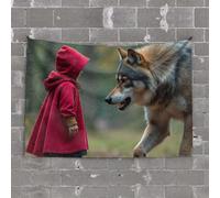 Small Wall Tapestry A Child in A Red Hood Confronts A Wolf Tapestry Earthy Room Decor Funny Outdoor Decor(100X150CM)