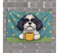 Small Wall Tapestry A Cute Dog Holding A Cup of Coffee with Coins Falling Around Tapestry Earthy Room Decor Funny Outdoor Decor(75X100CM)